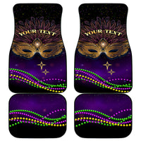 Set of 4 purple carnival car mats with mask artwork, bead trim, and 'YOUR TEXT' text.