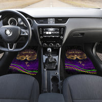 Purple front car floor mats featuring ornate mask artwork, bead trim, and 'YOUR TEXT'.