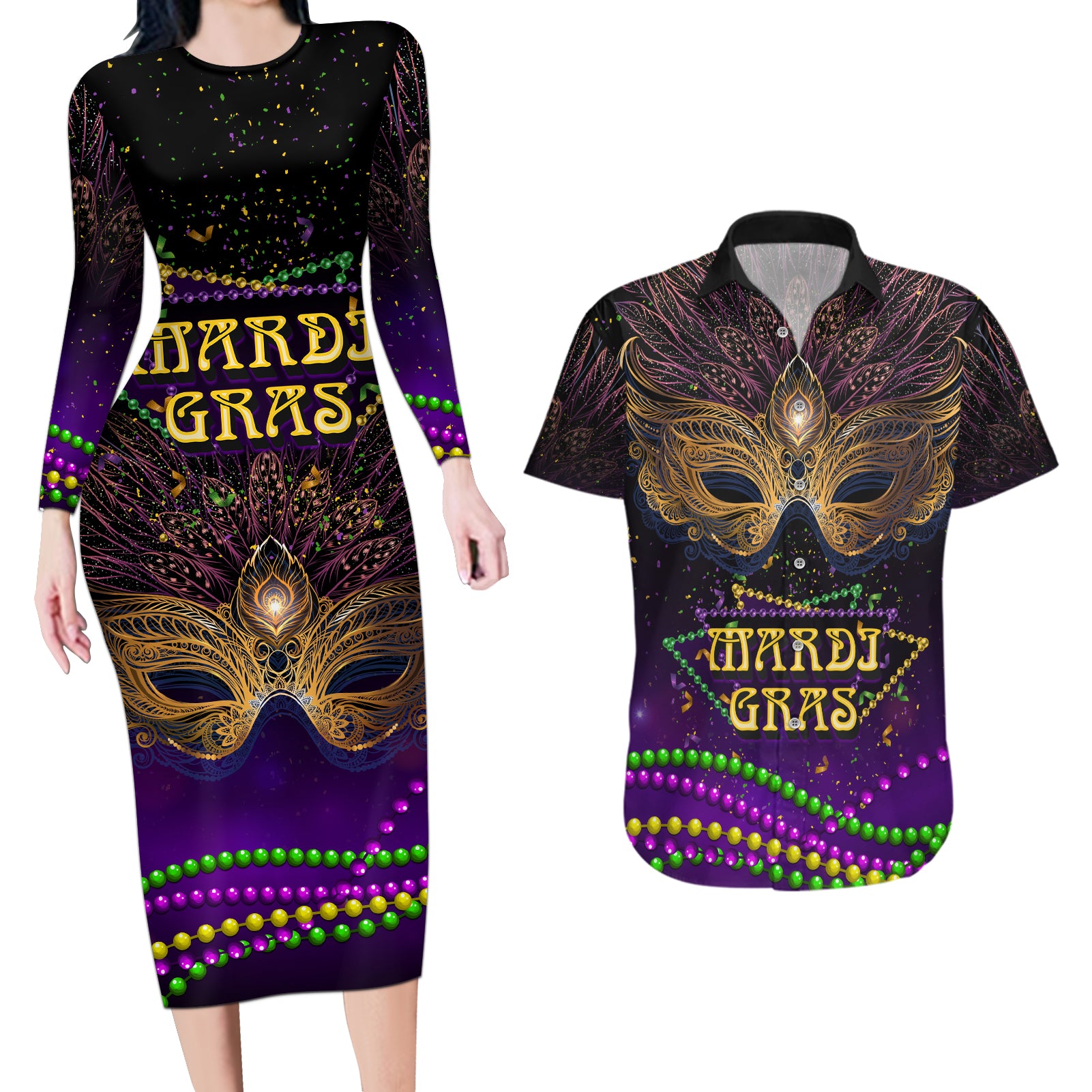 Mardi Gras 2024 Couples Matching Long Sleeve Bodycon Dress and Hawaiian Shirt Carnival Mask Special Version - Wonder Print Shop