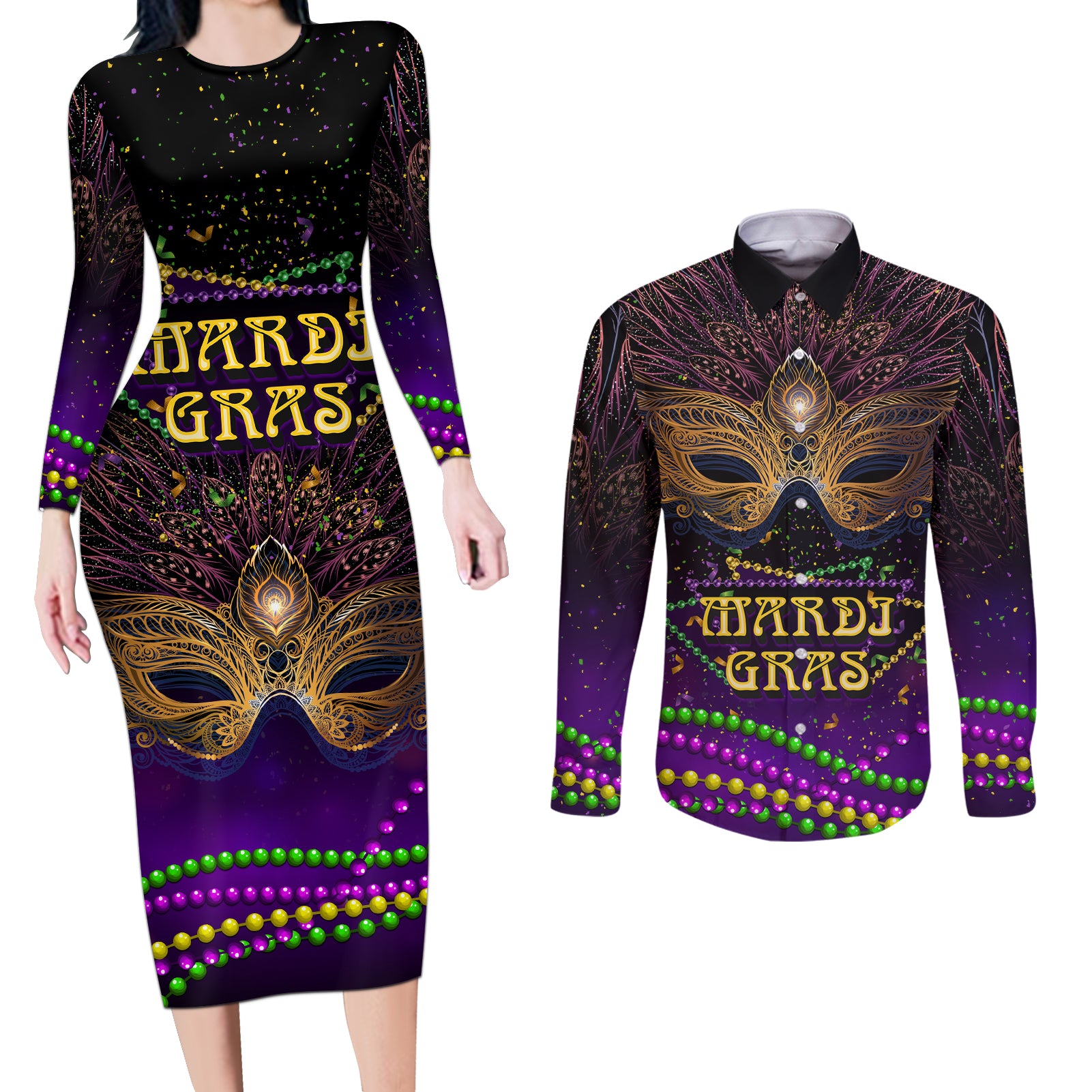 Mardi Gras 2024 Couples Matching Long Sleeve Bodycon Dress and Long Sleeve Button Shirt Carnival Mask Special Version - Wonder Print Shop