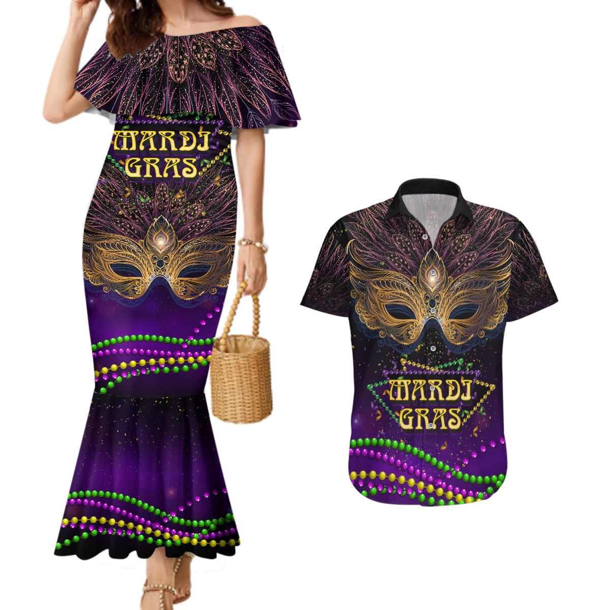 Mardi Gras 2024 Couples Matching Mermaid Dress and Hawaiian Shirt Carnival Mask Special Version - Wonder Print Shop