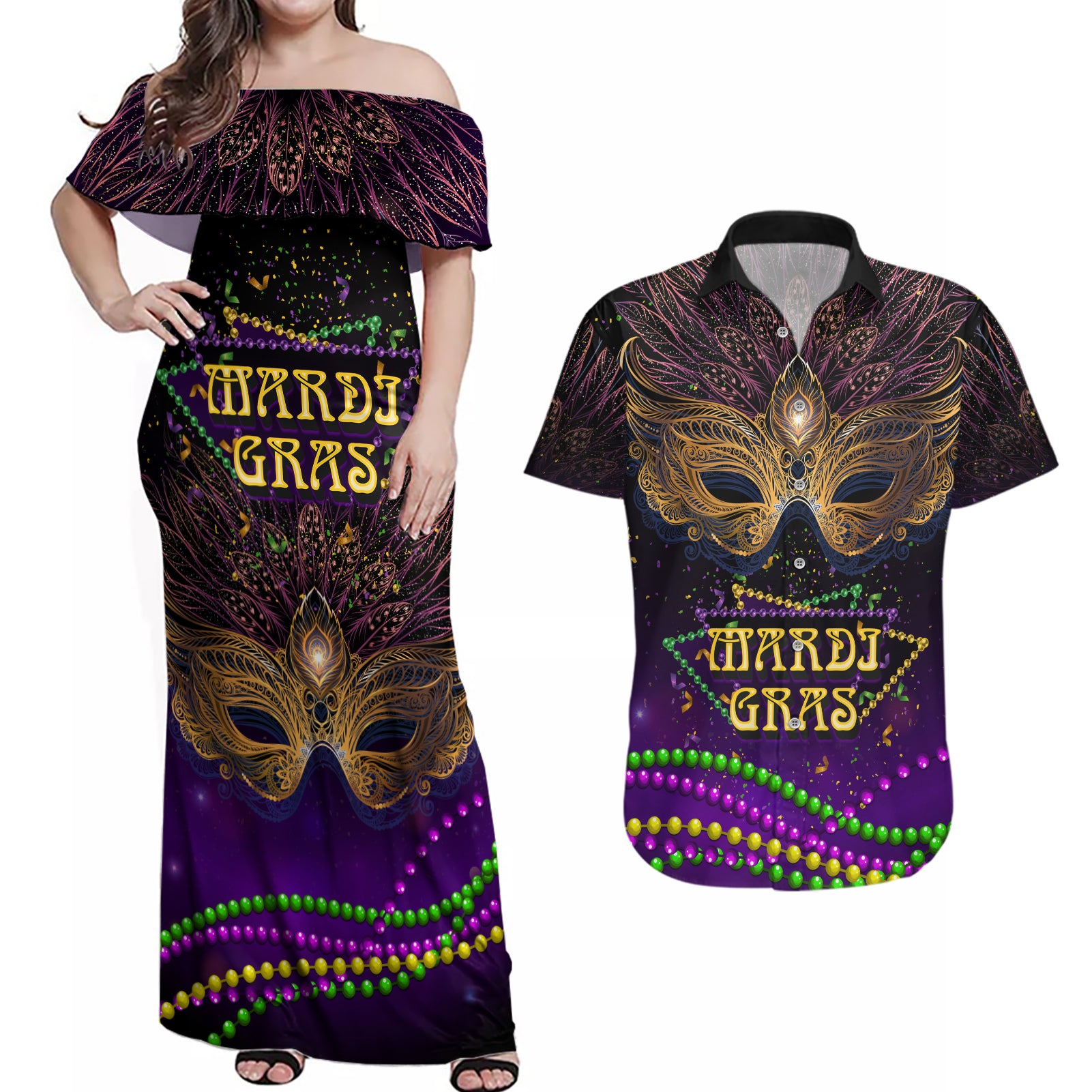 Mardi Gras 2024 Couples Matching Off Shoulder Maxi Dress and Hawaiian Shirt Carnival Mask Special Version - Wonder Print Shop