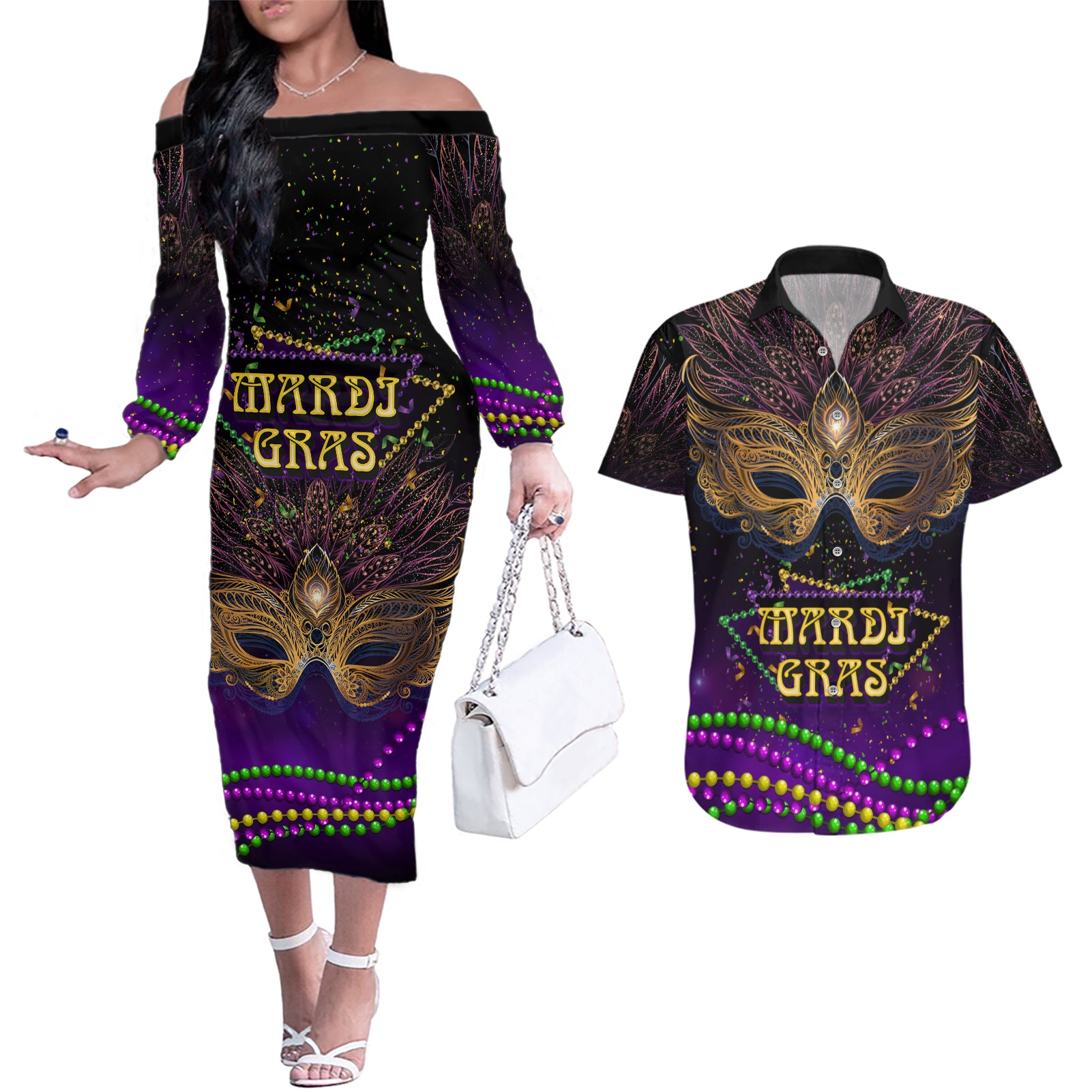 Mardi Gras 2024 Couples Matching Off The Shoulder Long Sleeve Dress and Hawaiian Shirt Carnival Mask Special Version - Wonder Print Shop