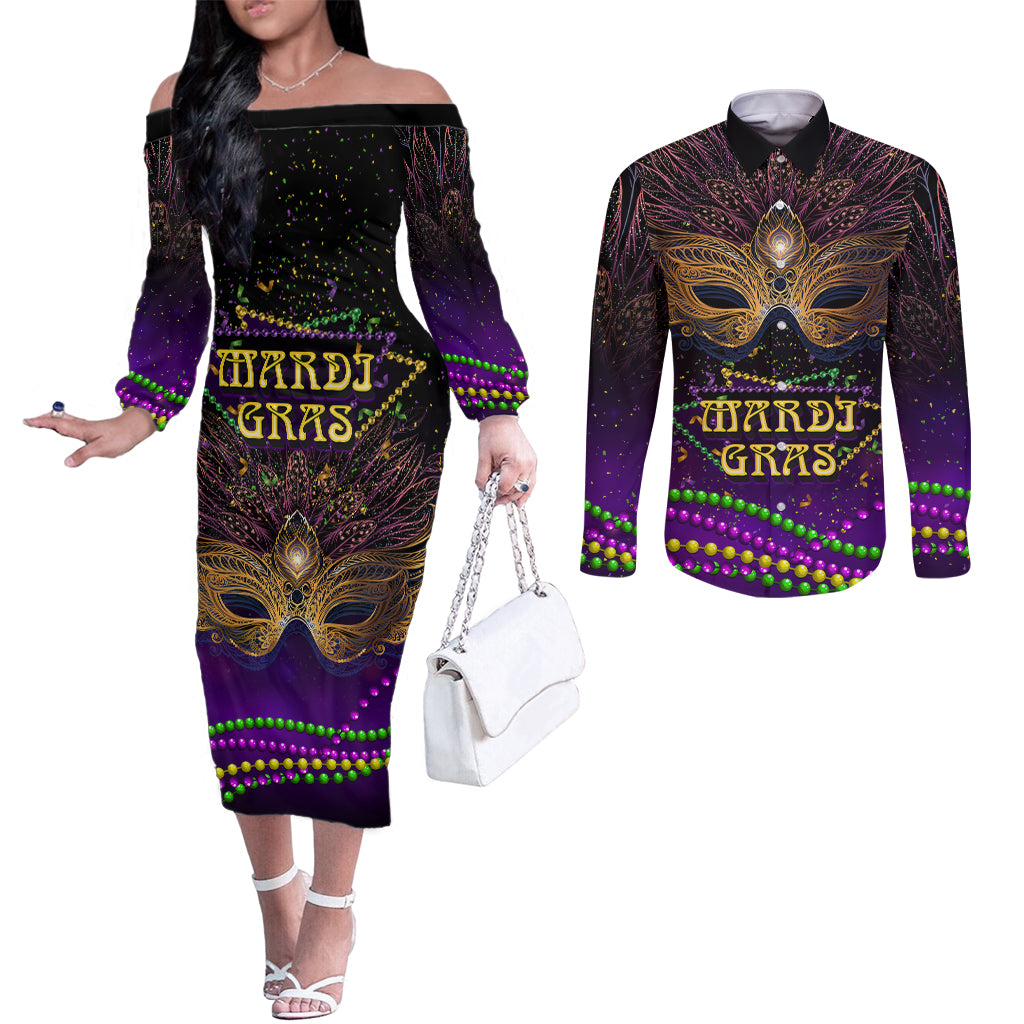 Mardi Gras 2024 Couples Matching Off The Shoulder Long Sleeve Dress and Long Sleeve Button Shirt Carnival Mask Special Version