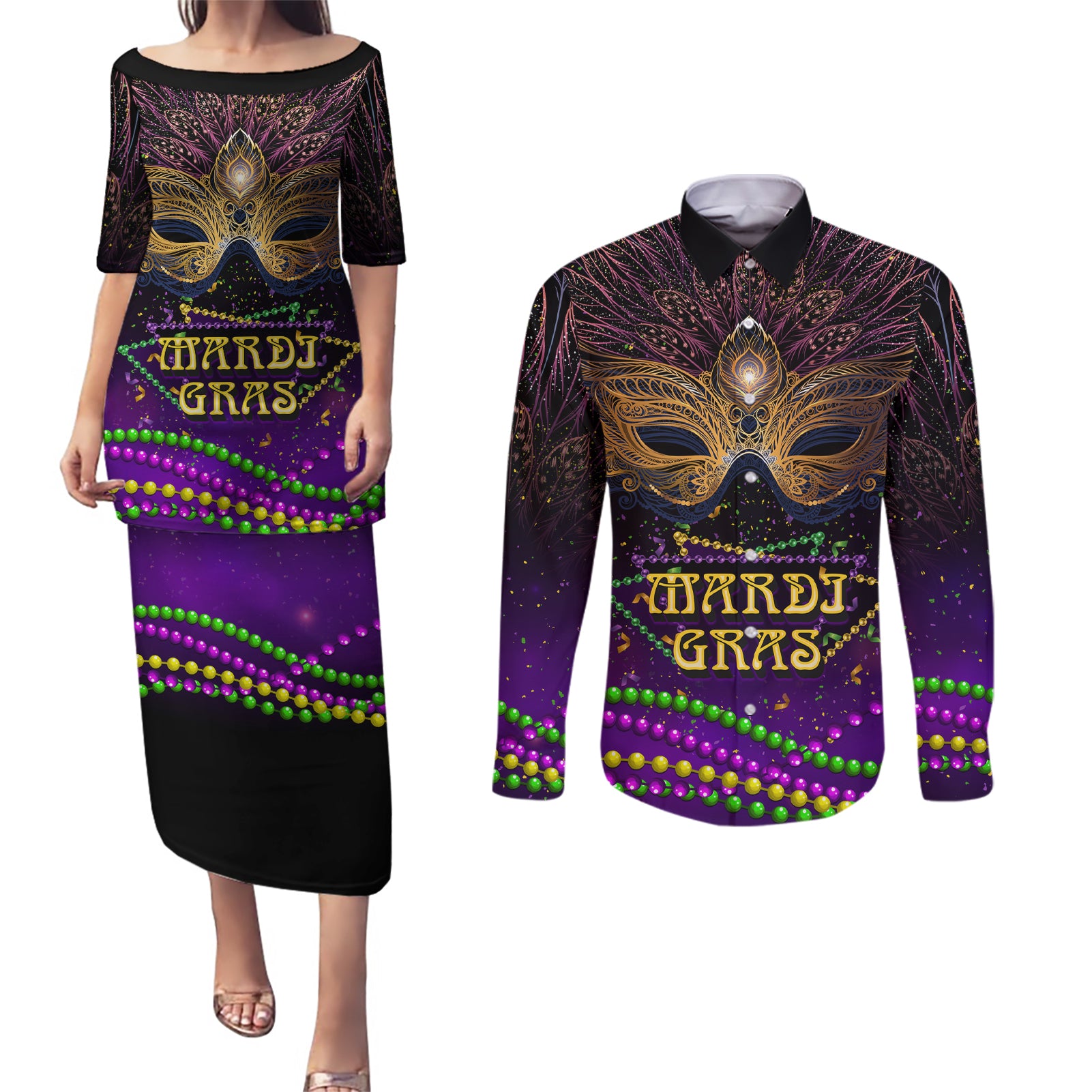 Mardi Gras 2024 Couples Matching Puletasi and Long Sleeve Button Shirt Carnival Mask Special Version - Wonder Print Shop