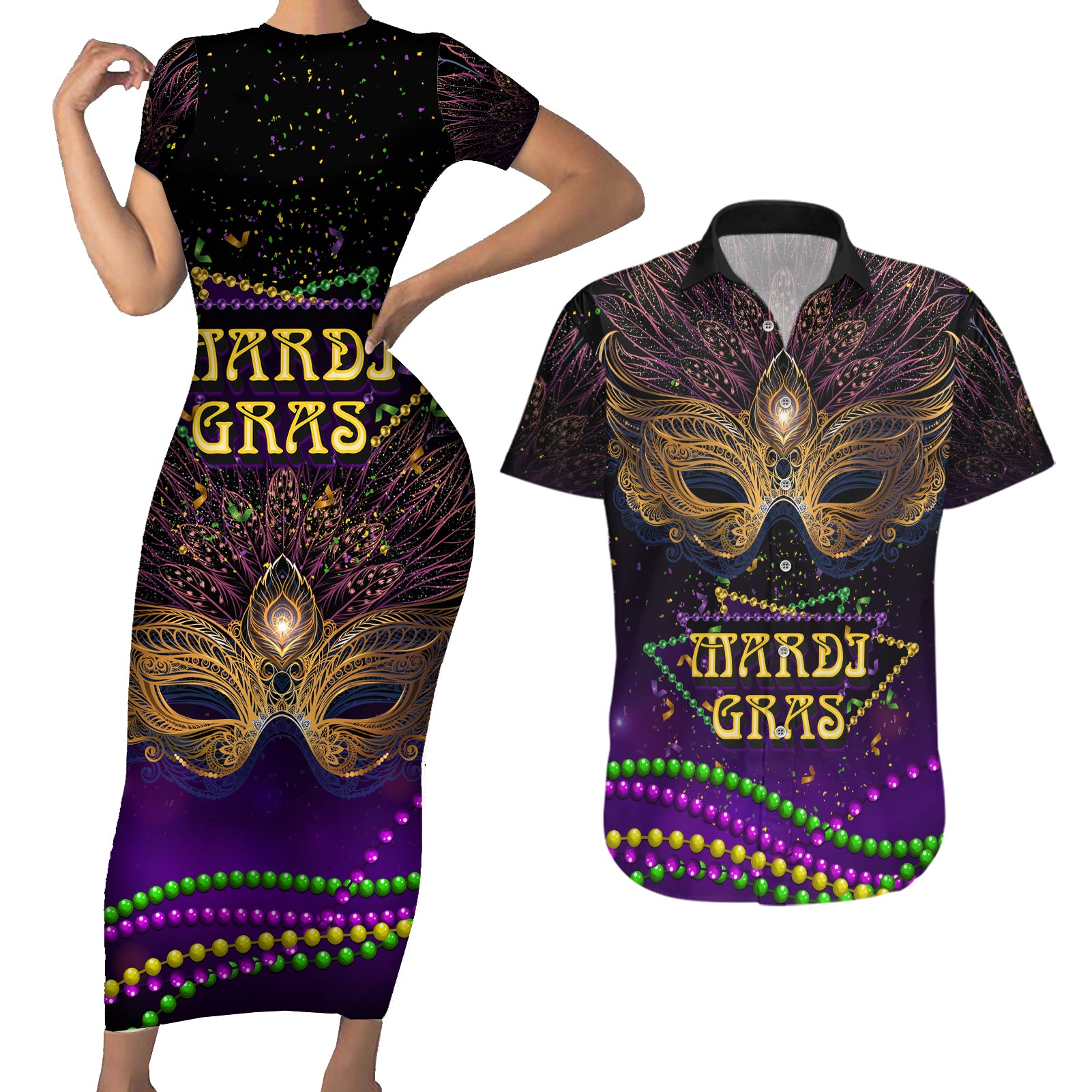 Mardi Gras 2024 Couples Matching Short Sleeve Bodycon Dress and Hawaiian Shirt Carnival Mask Special Version - Wonder Print Shop