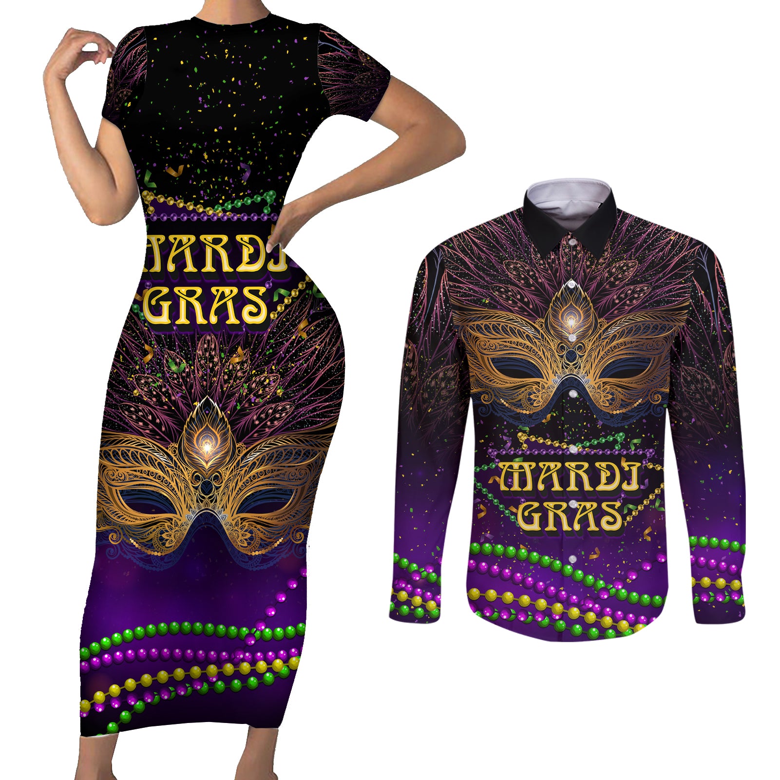 Mardi Gras 2024 Couples Matching Short Sleeve Bodycon Dress and Long Sleeve Button Shirt Carnival Mask Special Version - Wonder Print Shop