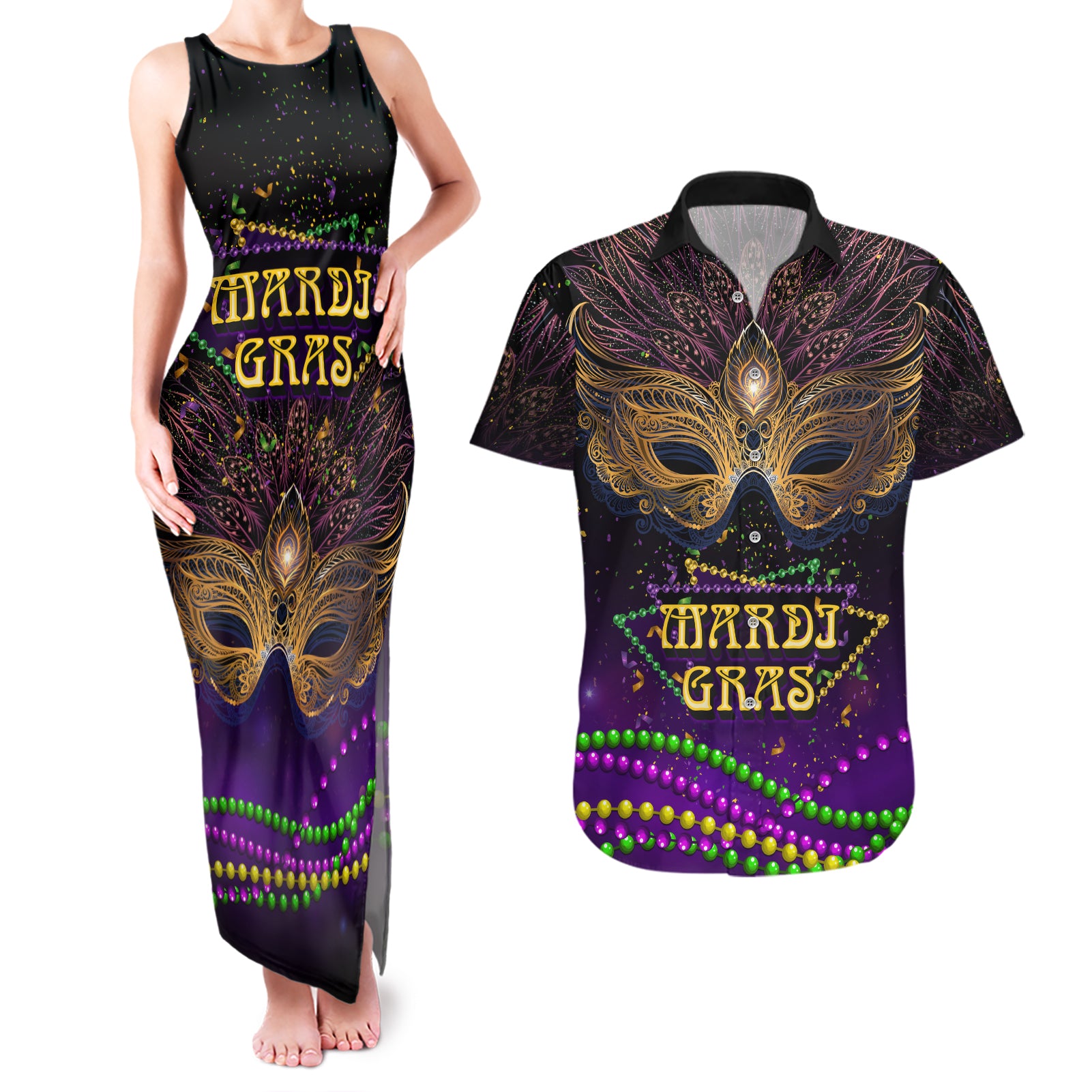 Mardi Gras 2024 Couples Matching Tank Maxi Dress and Hawaiian Shirt Carnival Mask Special Version - Wonder Print Shop