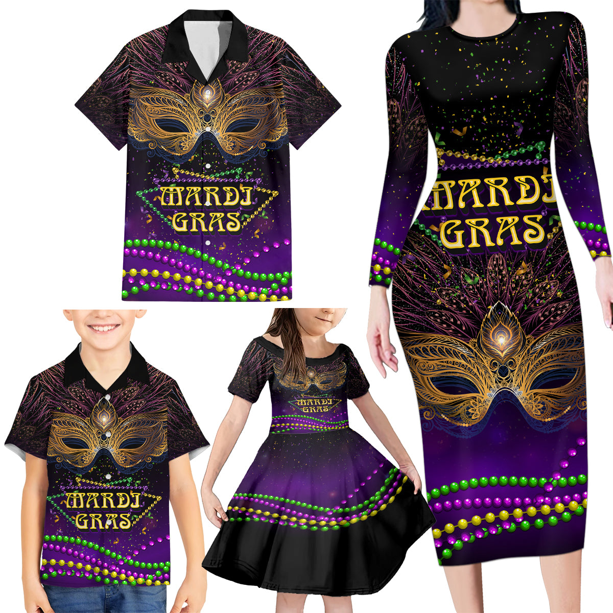 Mardi Gras 2024 Family Matching Long Sleeve Bodycon Dress and Hawaiian Shirt Carnival Mask Special Version - Wonder Print Shop