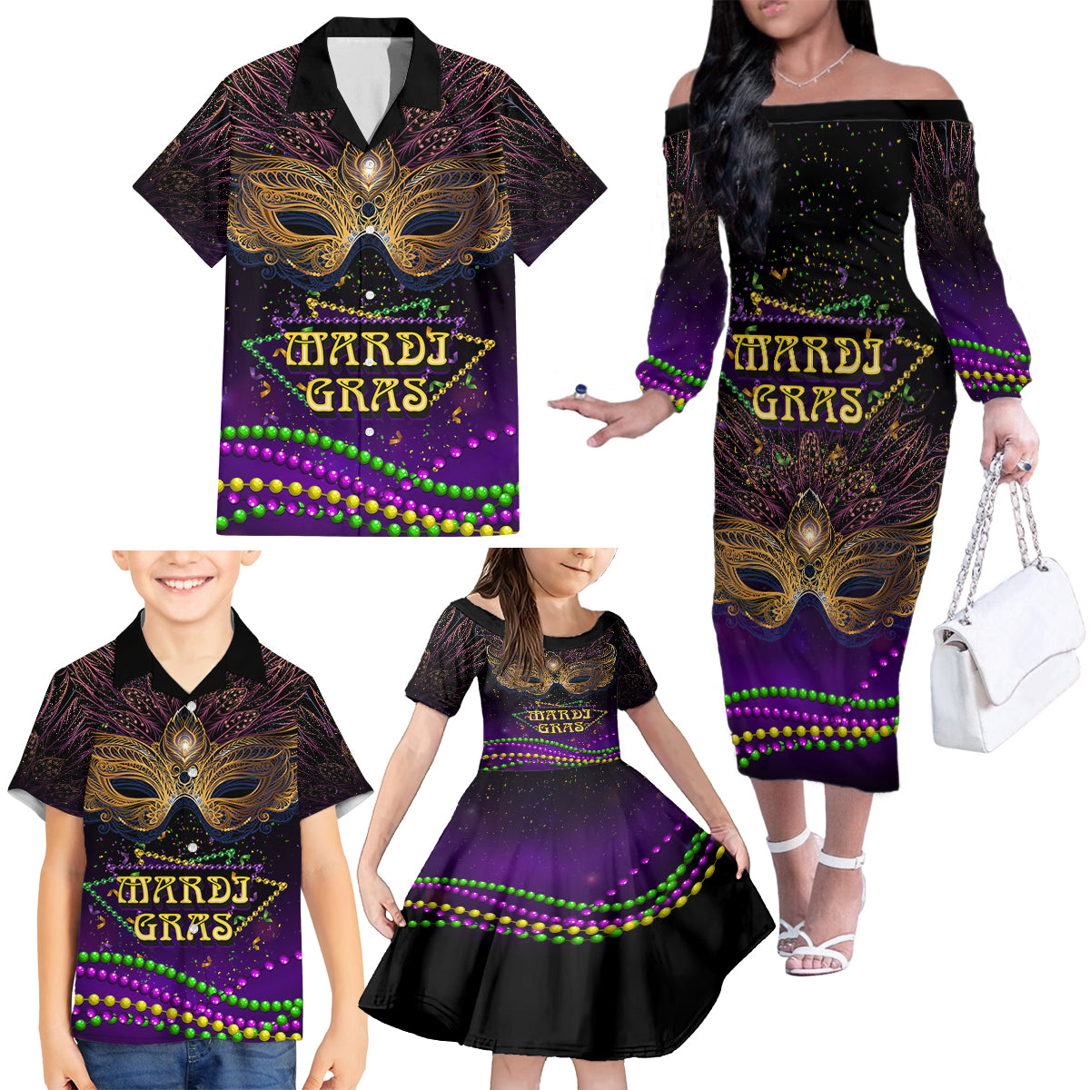 Mardi Gras 2024 Family Matching Off Shoulder Long Sleeve Dress and Hawaiian Shirt Carnival Mask Special Version - Wonder Print Shop