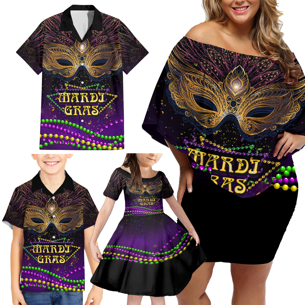 Mardi Gras 2024 Family Matching Off Shoulder Short Dress and Hawaiian Shirt Carnival Mask Special Version - Wonder Print Shop