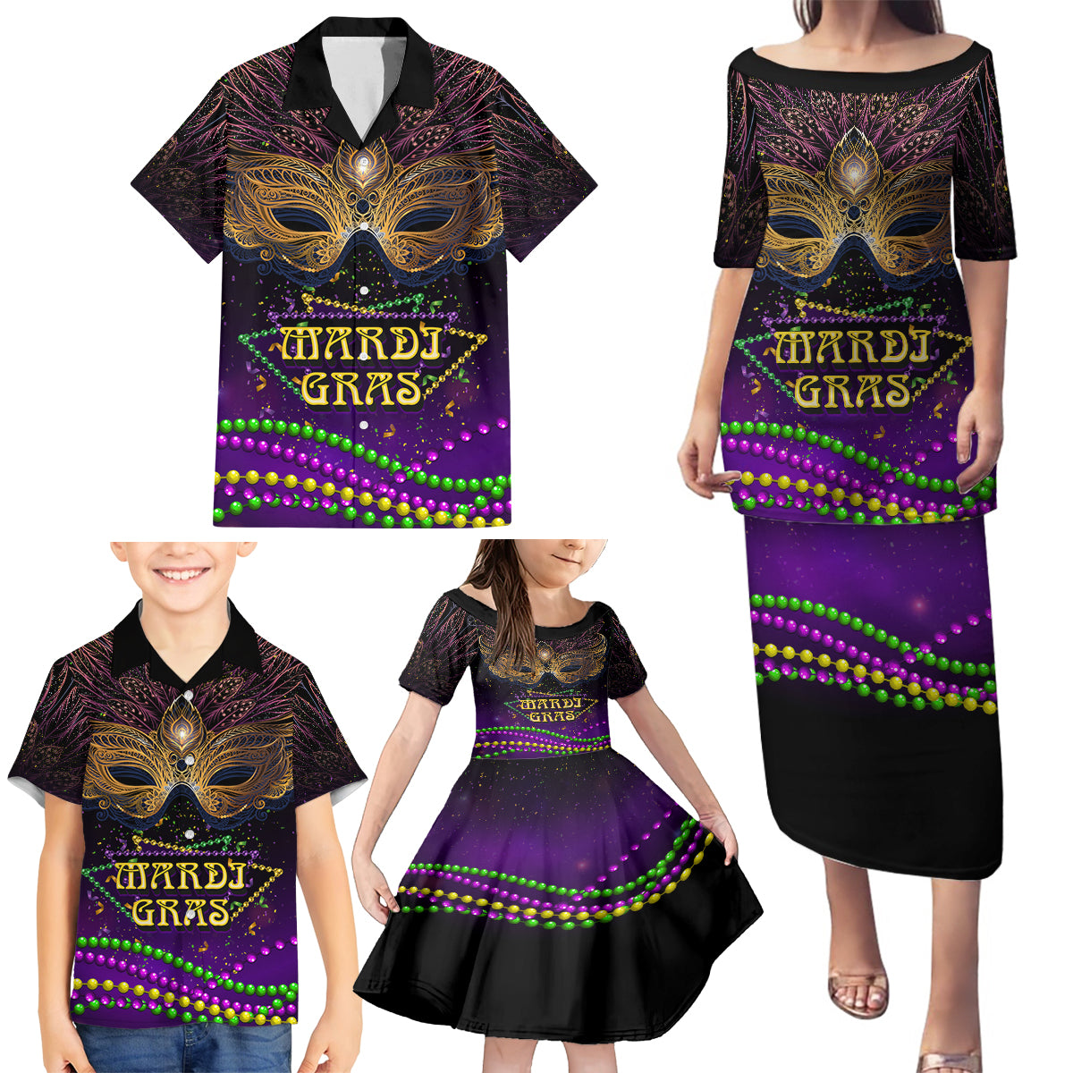 Mardi Gras 2024 Family Matching Puletasi and Hawaiian Shirt Carnival Mask Special Version - Wonder Print Shop