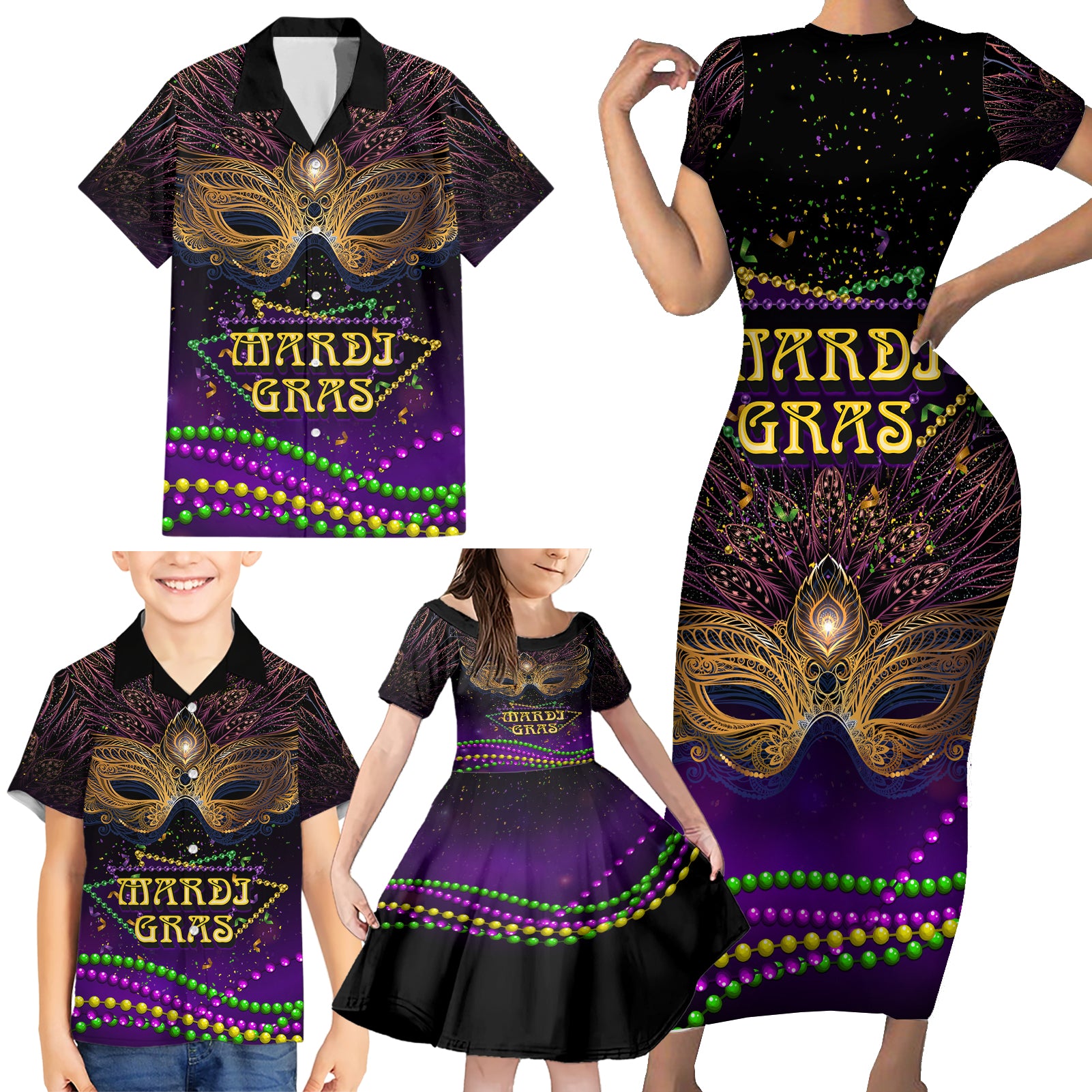 Mardi Gras 2024 Family Matching Short Sleeve Bodycon Dress and Hawaiian Shirt Carnival Mask Special Version - Wonder Print Shop