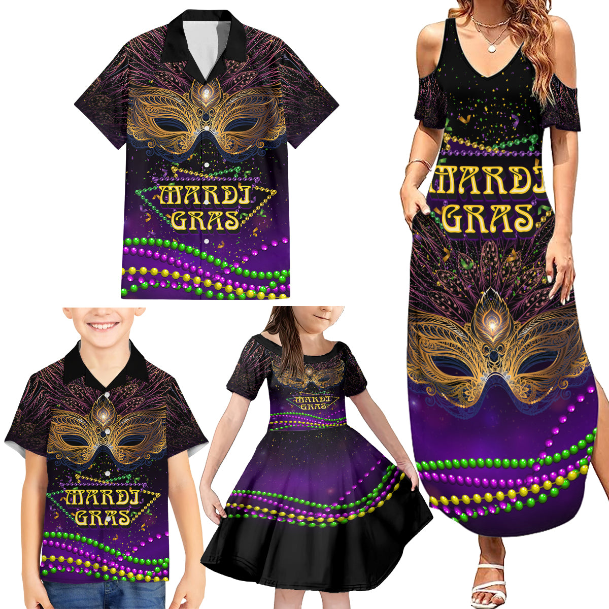 Mardi Gras 2024 Family Matching Summer Maxi Dress and Hawaiian Shirt Carnival Mask Special Version - Wonder Print Shop