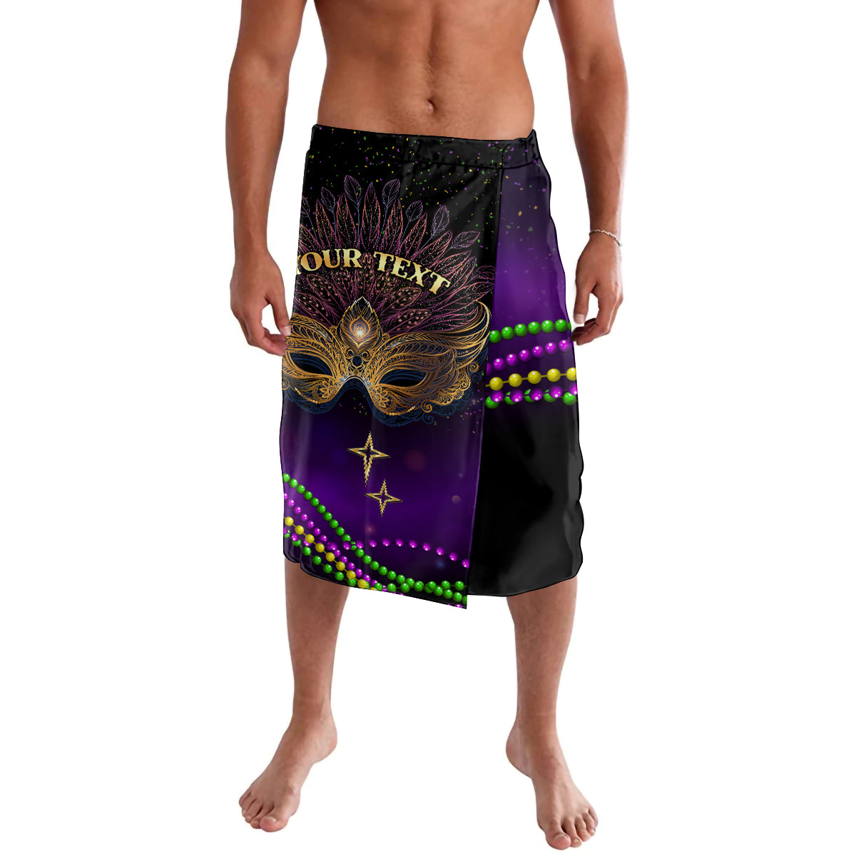 Purple and black carnival lavalava with gold mask graphic and green bead trim