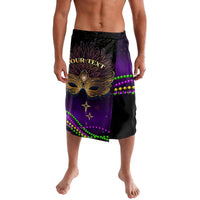 Purple and black carnival lavalava with gold mask graphic and green bead trim