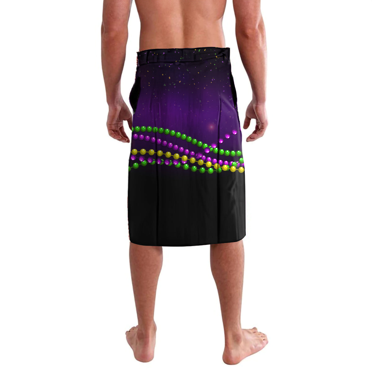 Purple and black carnival lavalava with green bead border and sparkly speckle