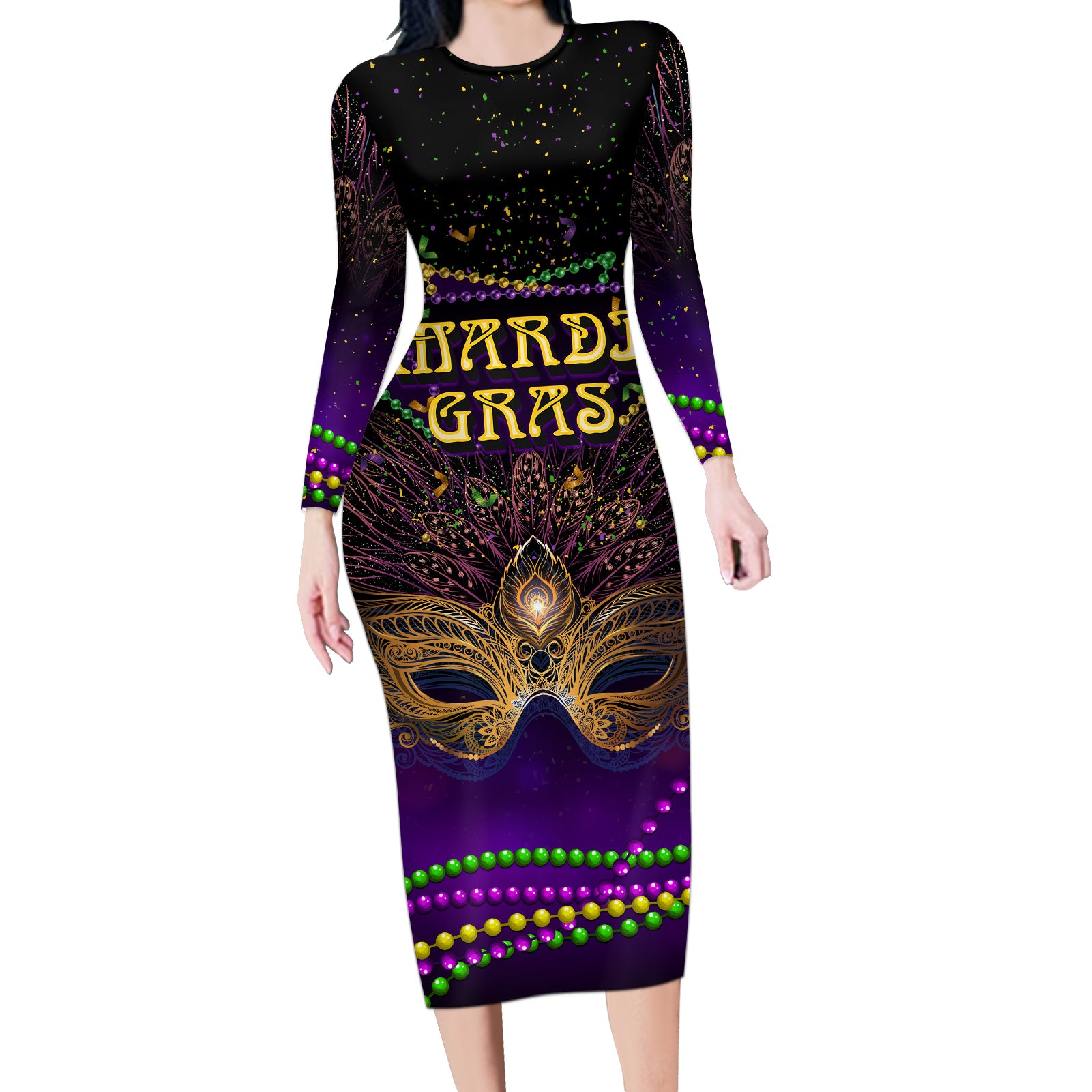 Mardi Gras 2024 Long Sleeve Bodycon Dress Carnival Mask Special Version - Wonder Print Shop