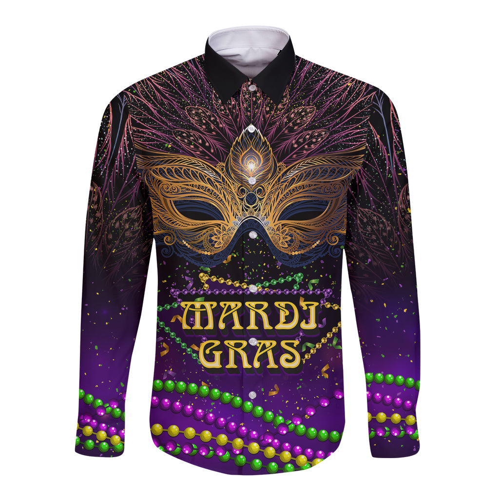 Purple long-sleeve button shirt with gold carnival mask and MARDI GRAS print