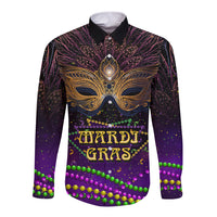 Purple long-sleeve button shirt with gold carnival mask and MARDI GRAS print