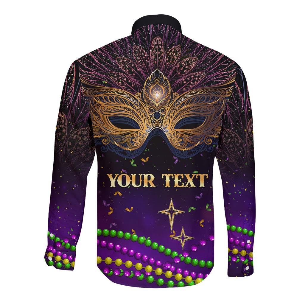 Purple long-sleeve button shirt with gold carnival mask and YOUR TEXT front panel