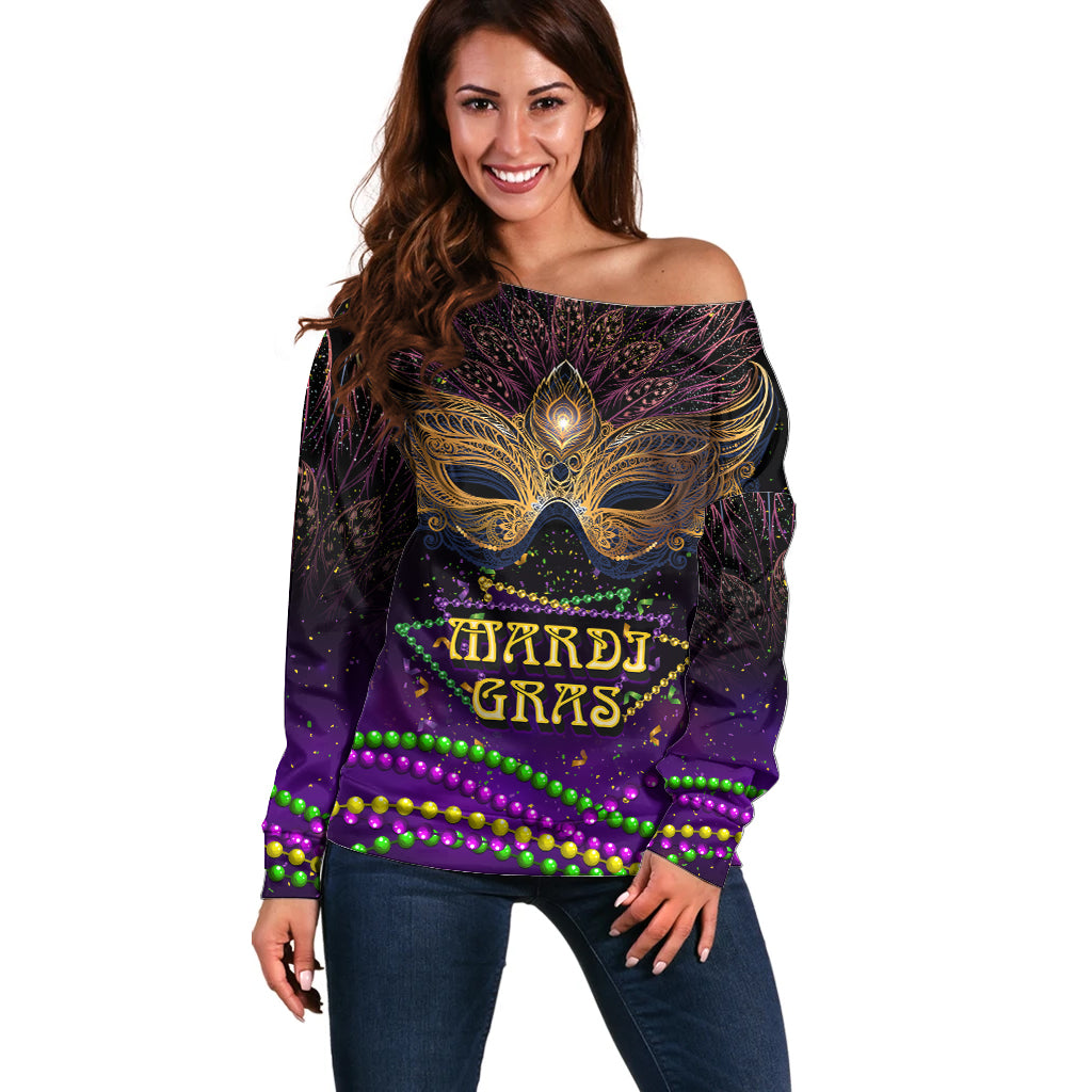 Mardi Gras 2024 Off Shoulder Sweater Carnival Mask Special Version - Wonder Print Shop