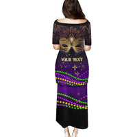 Purple long carnival dress, back view, gold mask graphic and 'YOUR TEXT' with star