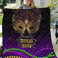 Purple Mardi Gras quilt with gold bird mask artwork and multicolor bead garland border