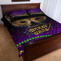 Purple quilt bed set with Mardi Gras mask, gold text, and green and purple bead edging