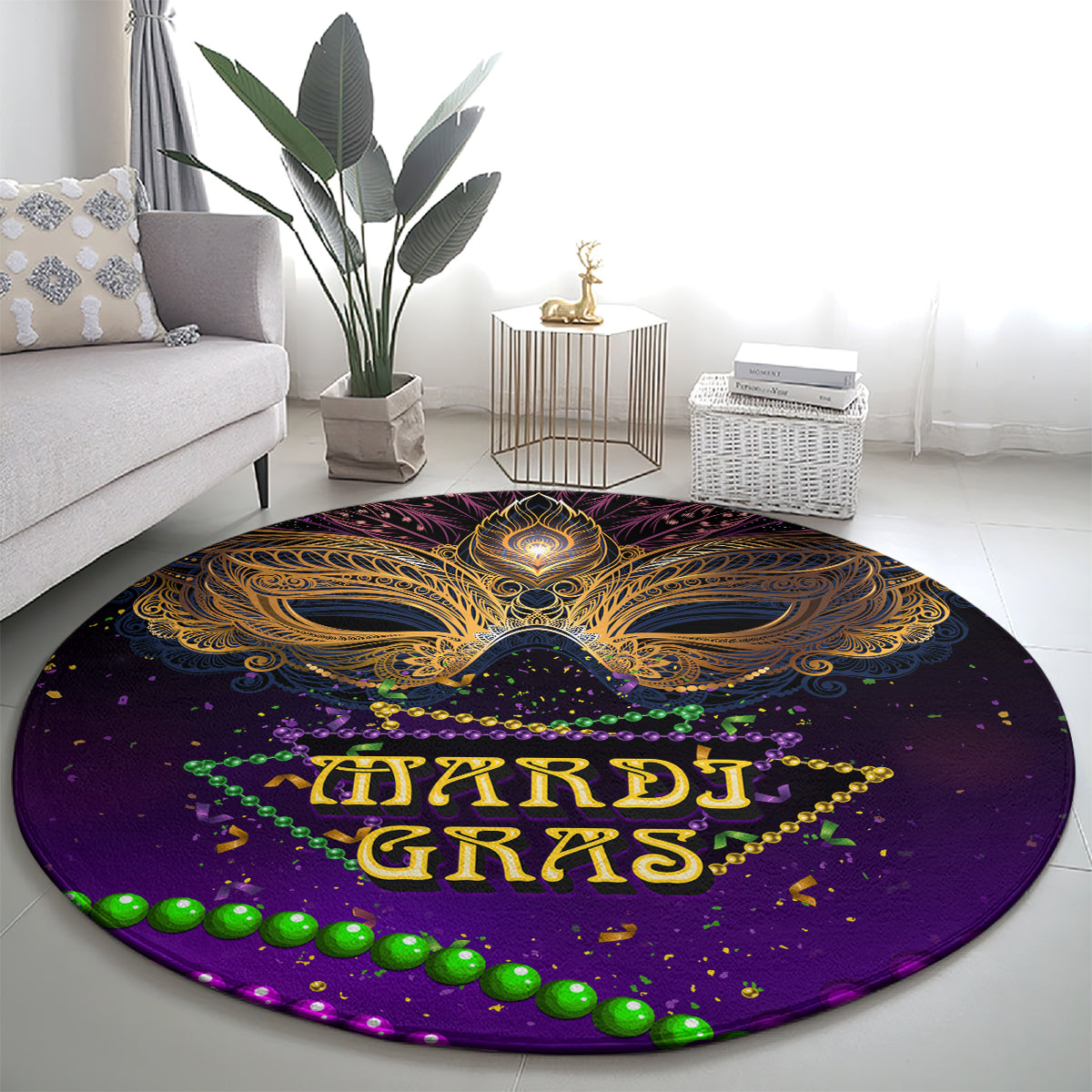 Round purple Mardi Gras rug with gold mask medallion, green beads, and “MARDI GRAS” text