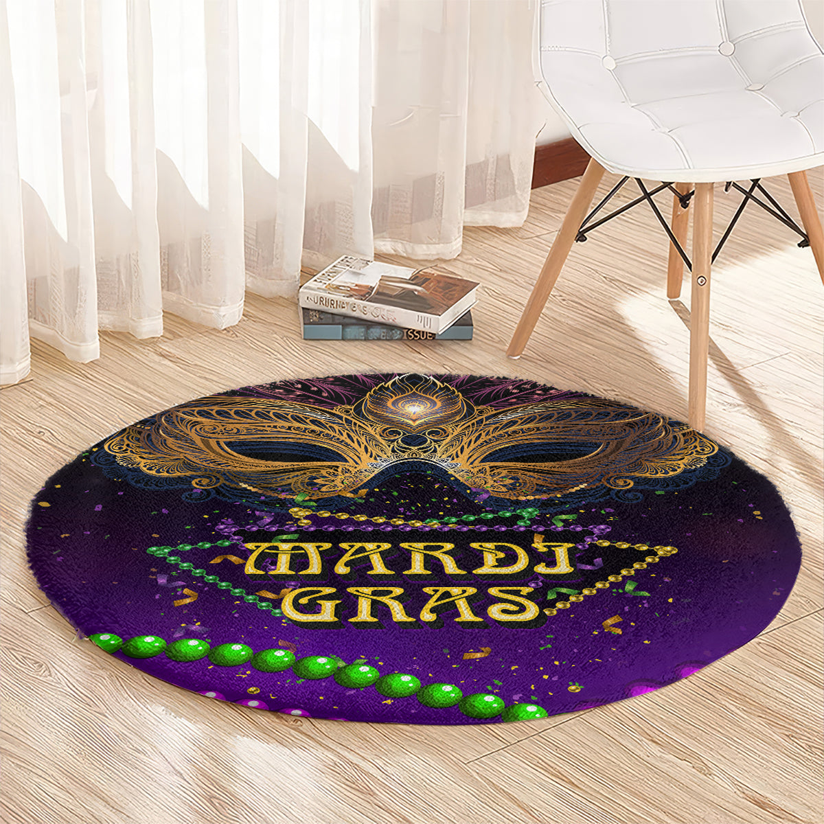 Round purple Mardi Gras rug with gold mask motif, green beads, and “MARDI GRAS” lettering