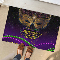 Purple carnival doormat with gold feather mask, HARDI GRAS lettering, green bead and purple dots