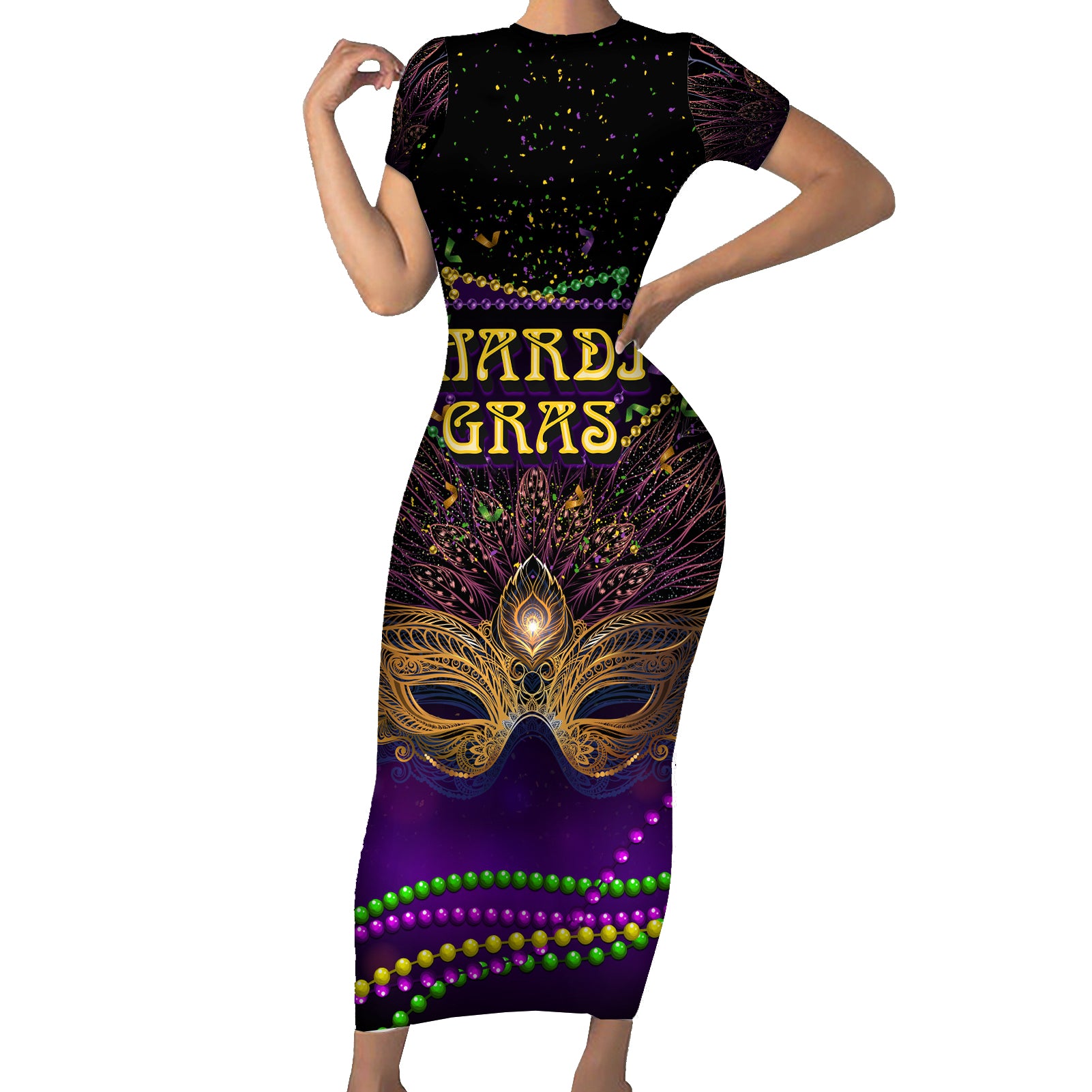 Mardi Gras 2024 Short Sleeve Bodycon Dress Carnival Mask Special Version - Wonder Print Shop