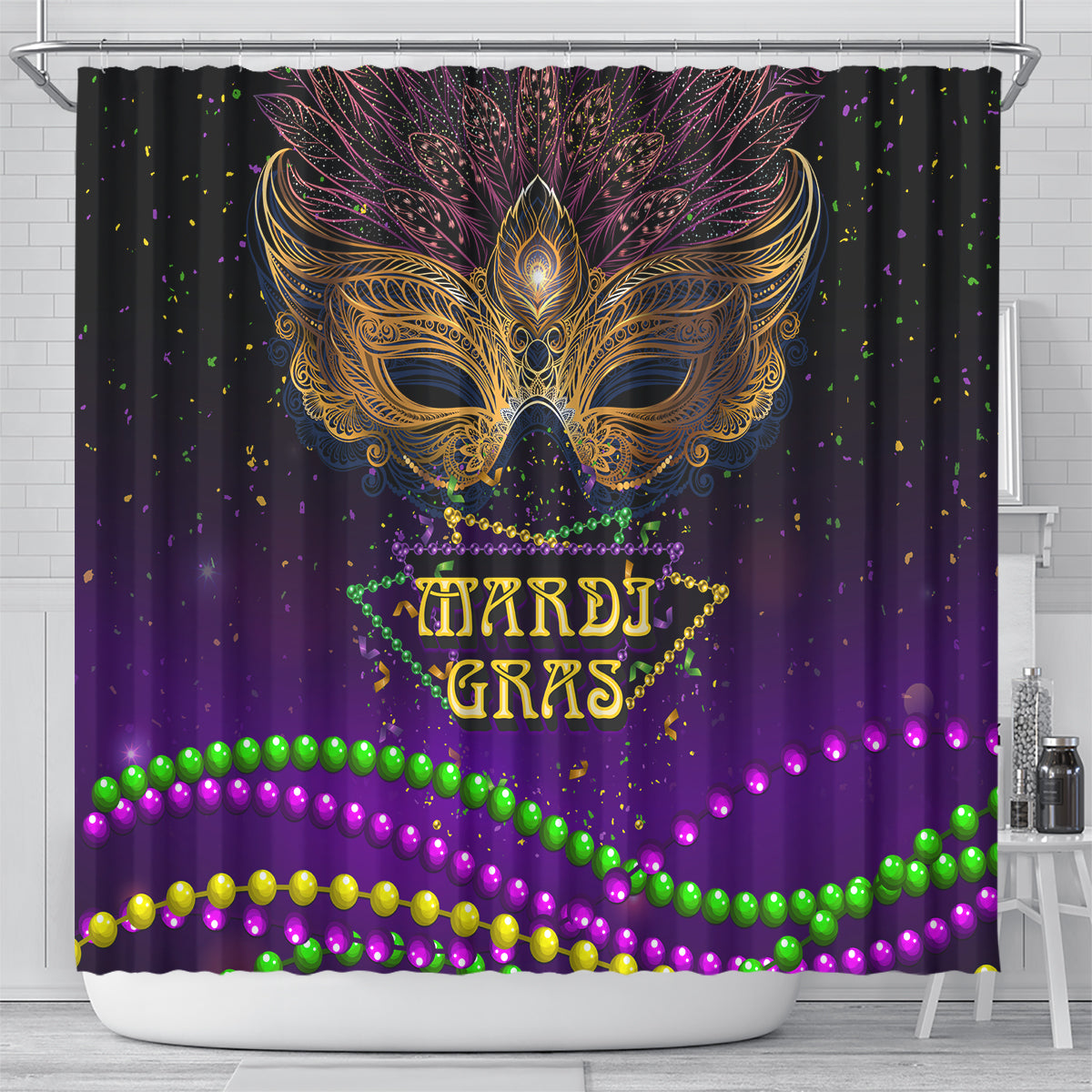Purple shower curtain featuring golden feather mask, Mardi Gras text, and green/pink bead border