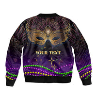 Purple bomber jacket with rear gold feather design, 'YOUR TEXT' print, ribbed cuffs and hem