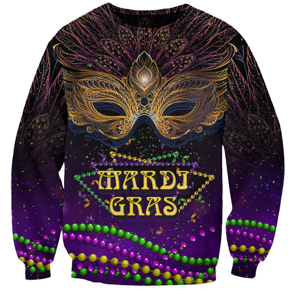 Unisex purple sweatshirt with ornate Mardi Gras mask and bead stripe graphics