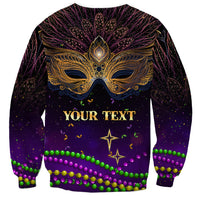 Unisex purple sweatshirt with peacock mask print, 'YOUR TEXT' design and bead trim