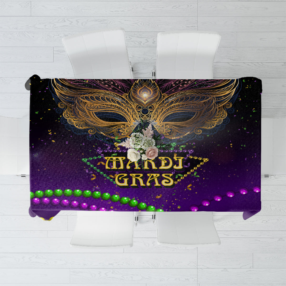 Purple Mardi Gras tablecloth with ornate mask and Mardi Gras lettering in gold and blue