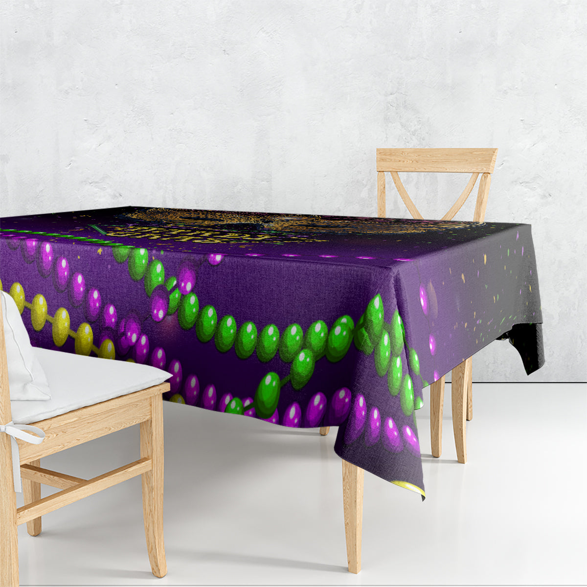 Purple Mardi Gras tablecloth with multicolor bead pattern, draped over table edge