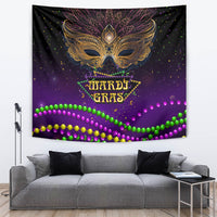 Purple carnival mask wall tapestry with Mardi Gras lettering and multicolor bead bands