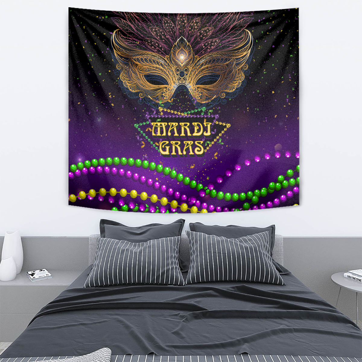 Purple carnival mask wall tapestry with Mardi Gras lettering and multicolor bead wave stripes