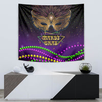 Purple carnival mask wall tapestry with Mardi Gras lettering and glowing multicolor bead stripes