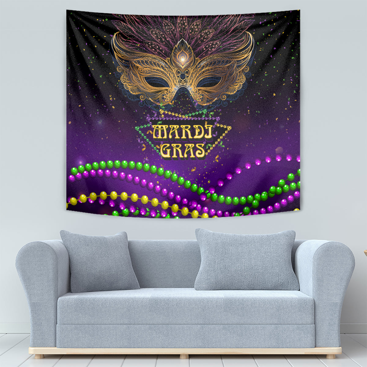 Purple carnival mask wall tapestry with Mardi Gras lettering and green, gold, pink bead bands
