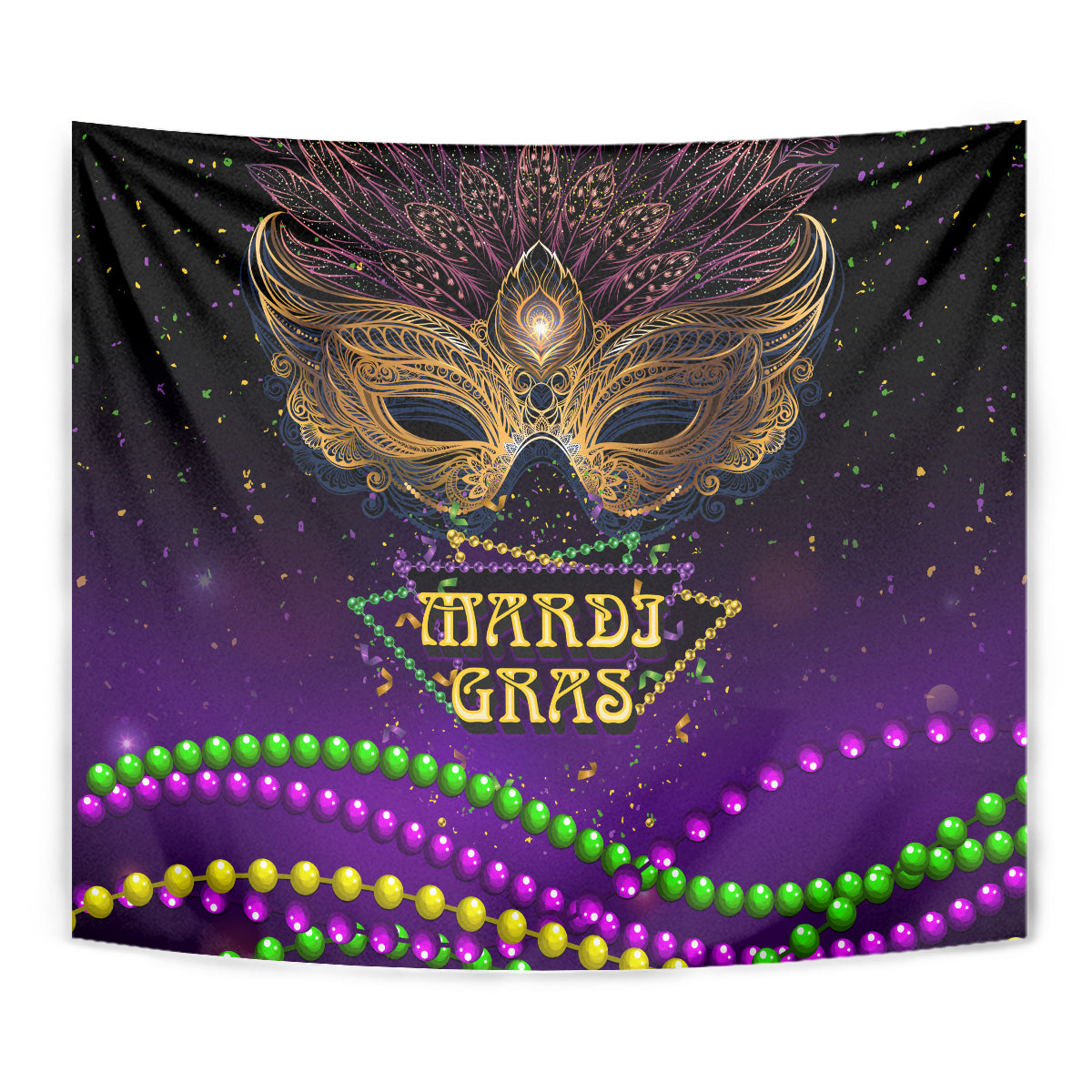 Purple carnival mask wall tapestry with ornate gold mask and Mardi Gras lettering
