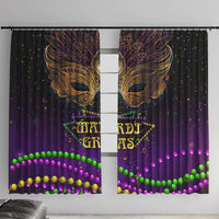 Mardi Gras window curtain pair with purple-and-black carnival mask and gold feather design