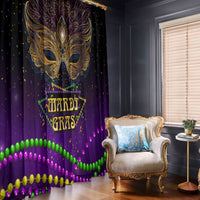 Mardi Gras window curtain with gold carnival mask art and multicolor bead border in purple