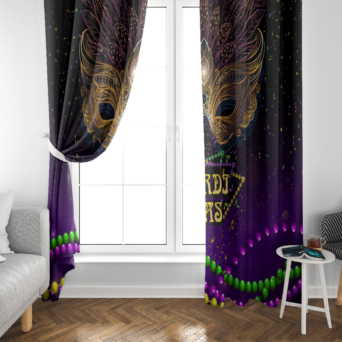 Purple Mardi Gras window curtain pair with gold mask artwork and beaded trim across hem