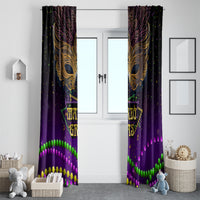 Mardi Gras window curtain pair with gold peacock-mask artwork and green purple bead stripe
