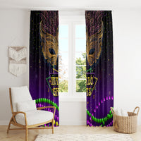 Mardi Gras window curtain panels with gold mask design, dotted confetti, and beaded rainbow hem
