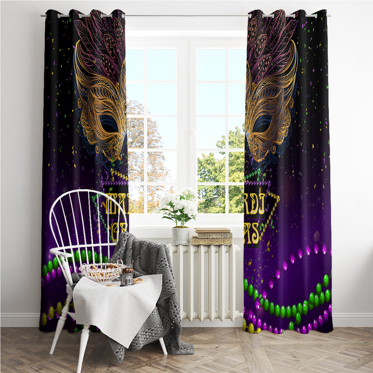 Mardi Gras window curtain pair with ornate gold mask wings and multicolor bead wave border